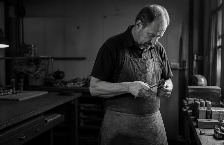 A craftsperson hand-finishing a small metal component